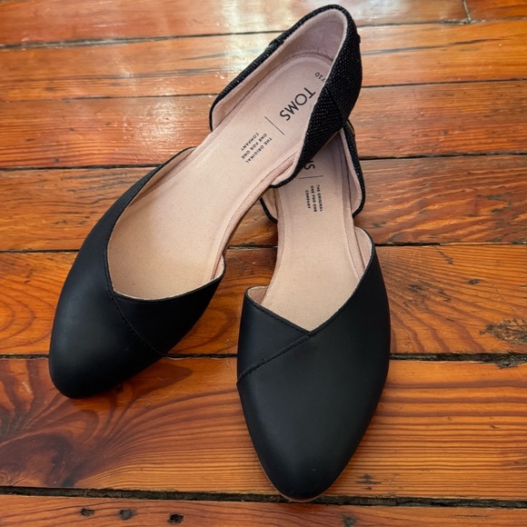 TOMS Julie d'Orsay Flats Black Leather Canvas Heeled Loafer Size 10 Like New - Picture 2 of 11